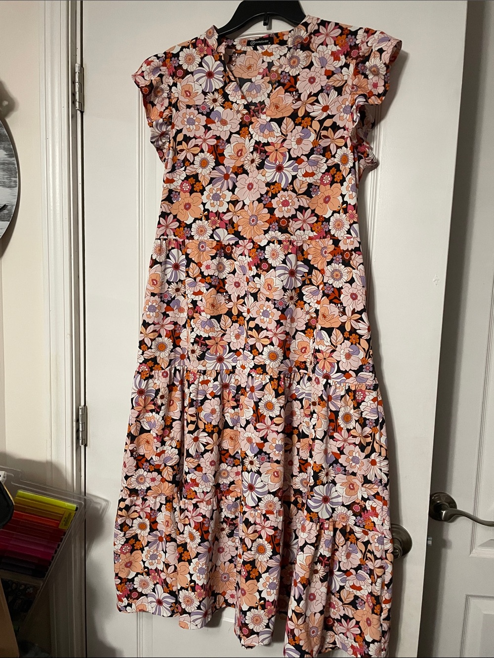 Floral Tiered Midi Dress in Peach & White